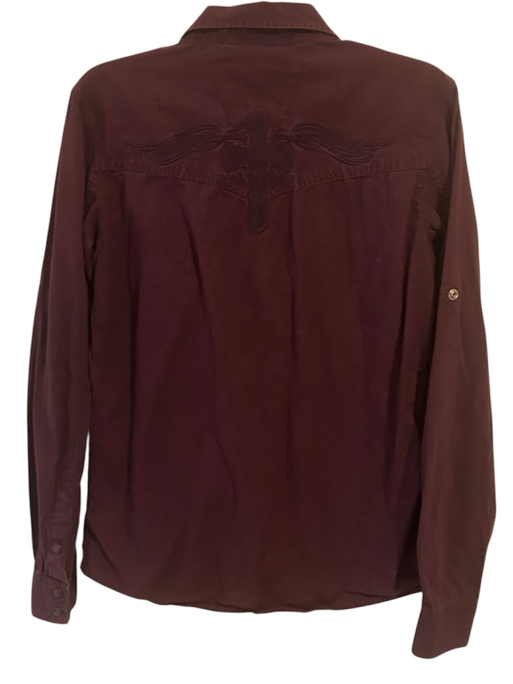CJ Black Slim Fit Men's Purple Embroidered Cross Y2K Snap Front Shirt Small